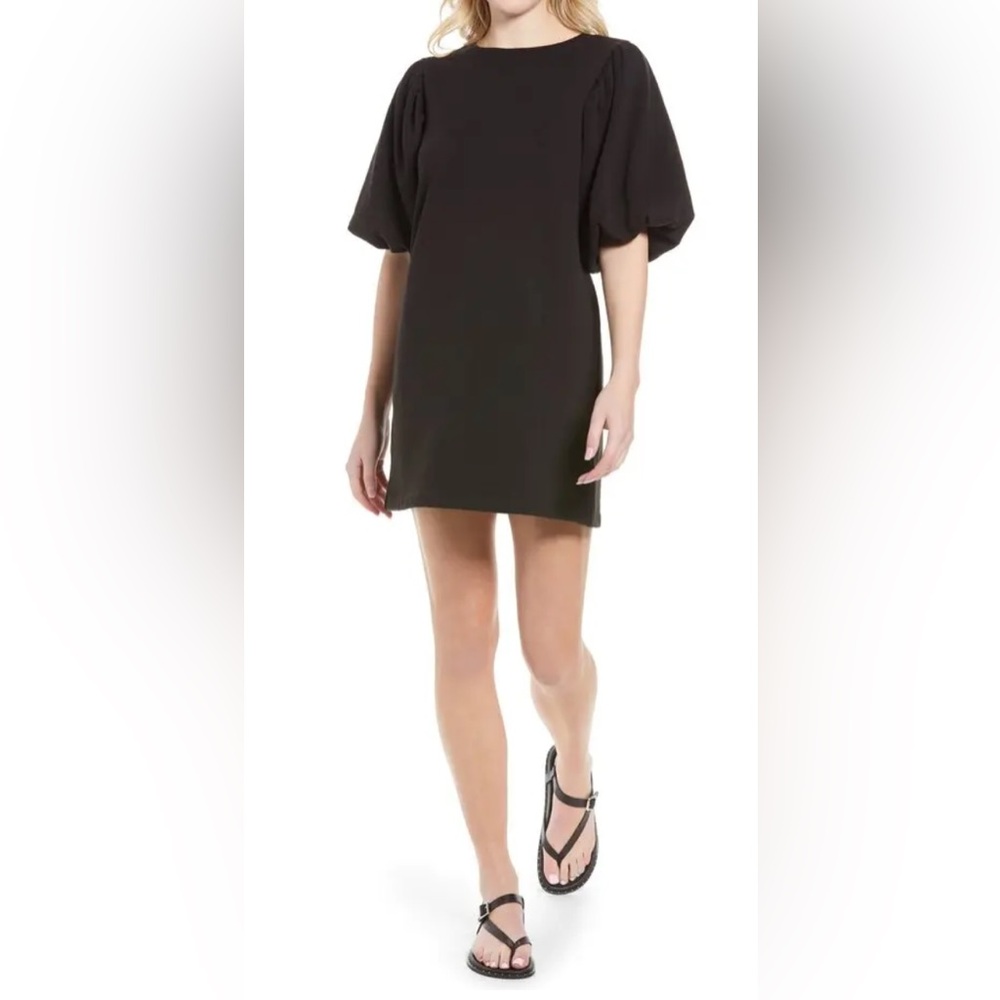 Rebecca Minkoff Black “Mina” French Terry Mini Dress with Puff Sleeves